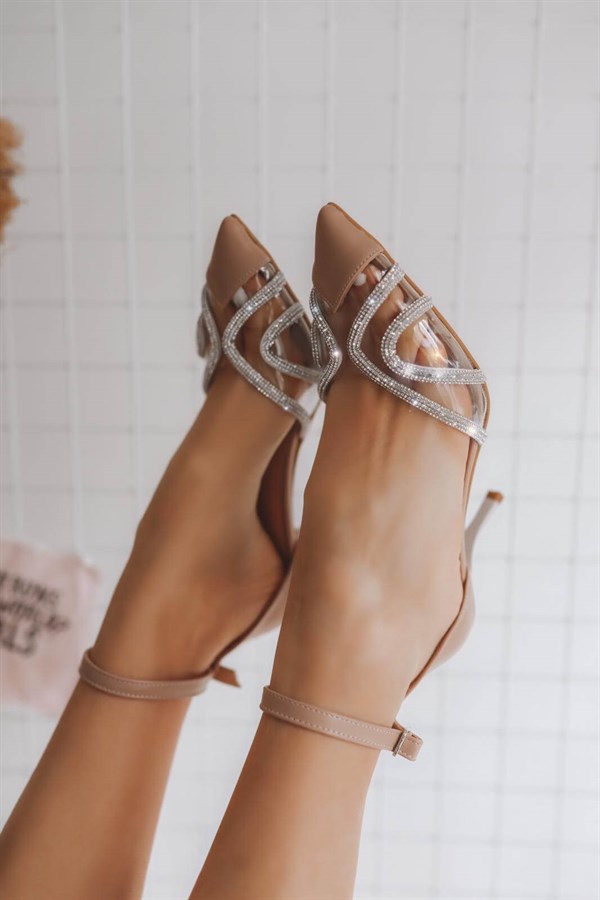 Sassari Bayan Şeffaf Taşlı Topuklu Ayakkabı - BEJ